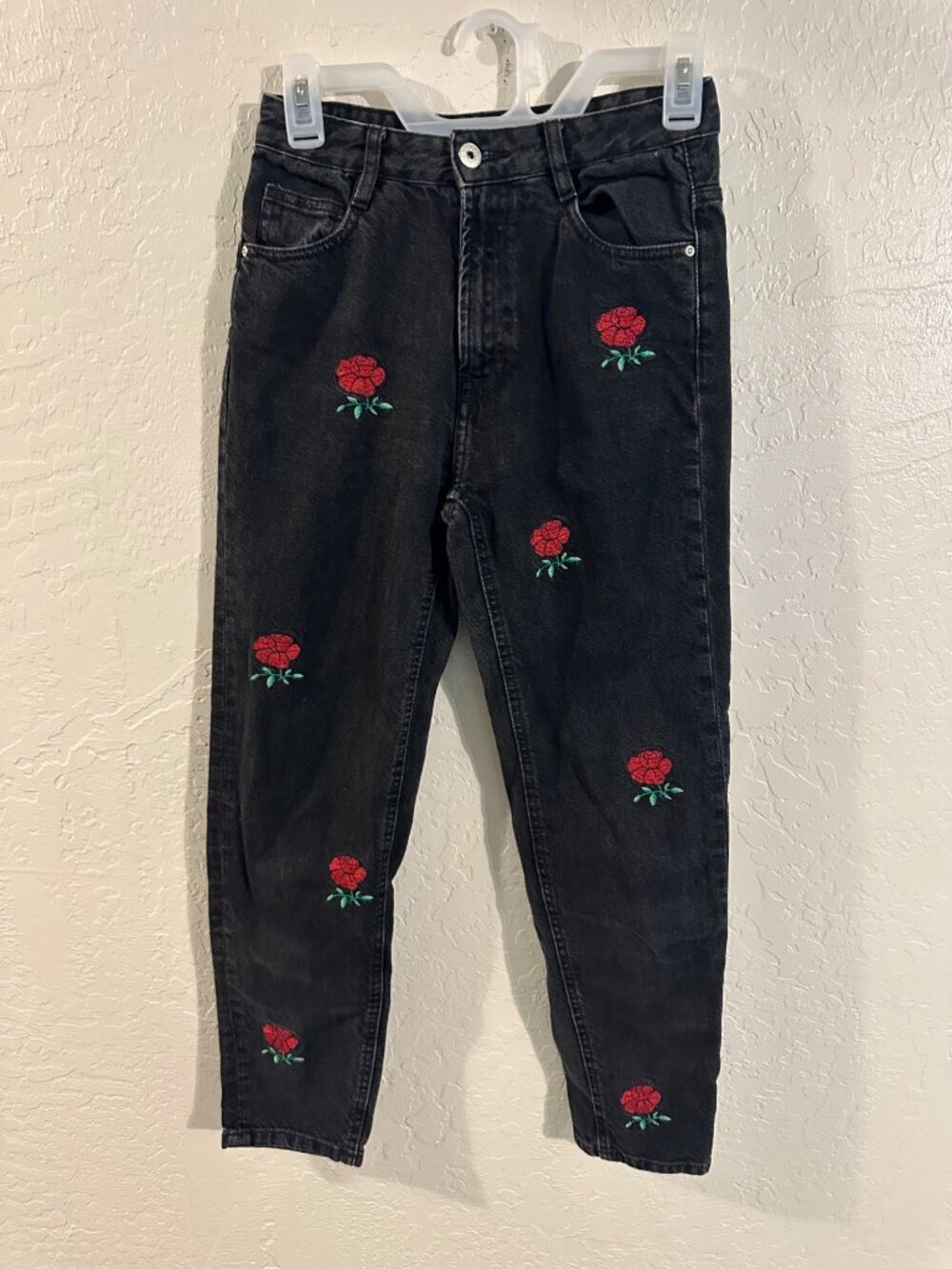 Zara Trafaluc Rose Red Floral Black Straight Leg  Casual Denim Jeans